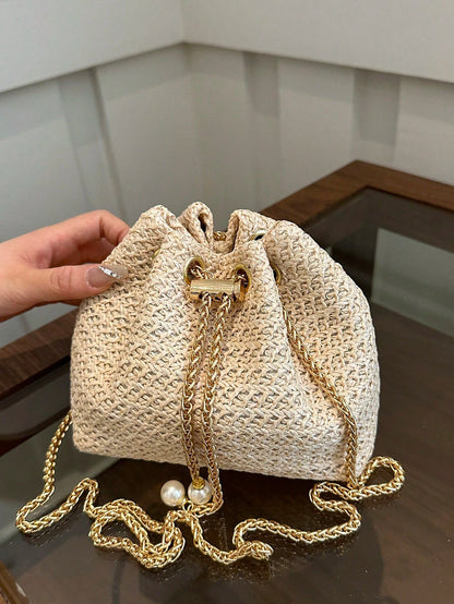 Livesso Fashion Solid Color Hollow Out Woven Chain Drawstring Mini Crossbody Bucket Bag, Small Bags