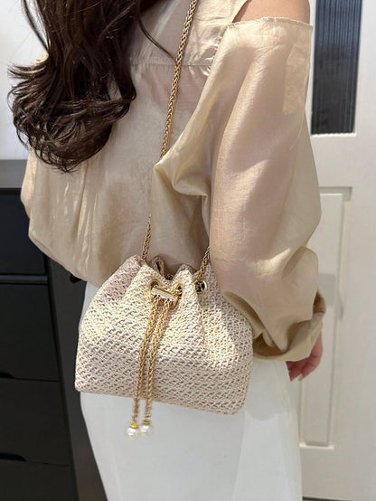 Livesso Fashion Solid Color Hollow Out Woven Chain Drawstring Mini Crossbody Bucket Bag, Small Bags