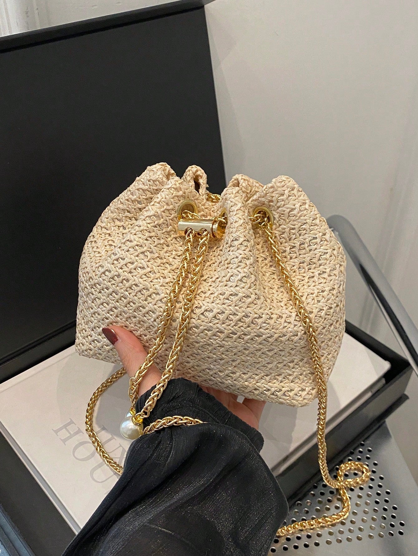 Livesso Fashion Solid Color Hollow Out Woven Chain Drawstring Mini Crossbody Bucket Bag, Small Bags