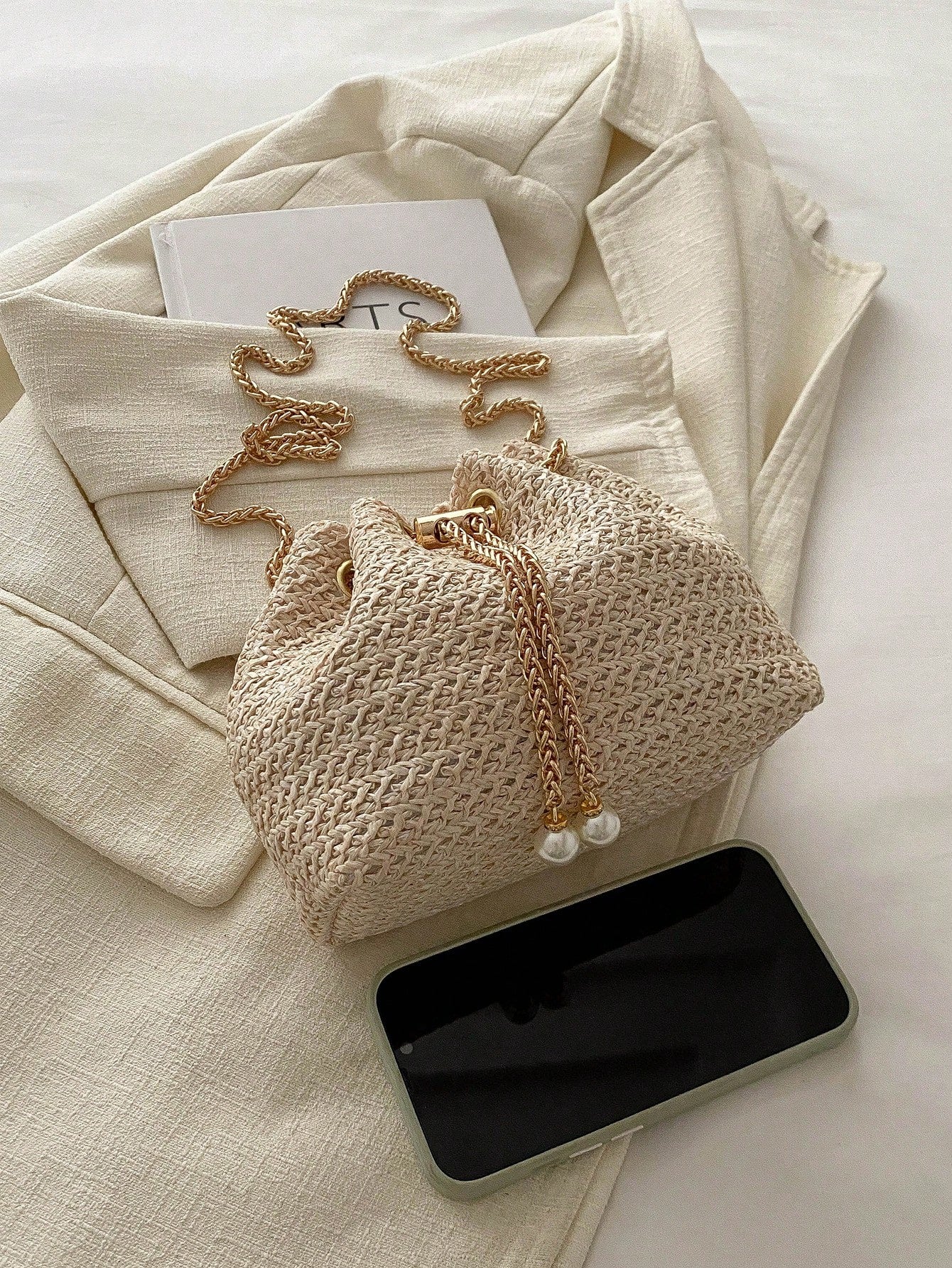 Livesso Fashion Solid Color Hollow Out Woven Chain Drawstring Mini Crossbody Bucket Bag, Small Bags