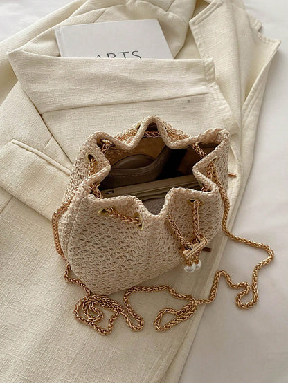 Livesso Fashion Solid Color Hollow Out Woven Chain Drawstring Mini Crossbody Bucket Bag, Small Bags