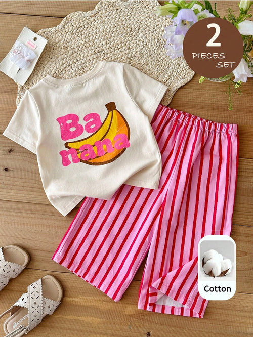 LMoss Kids 2pcs Baby Girl Knitted Solid Color Letter Pattern Loose Casual T-Shirt And Striped Loose Pants Set
