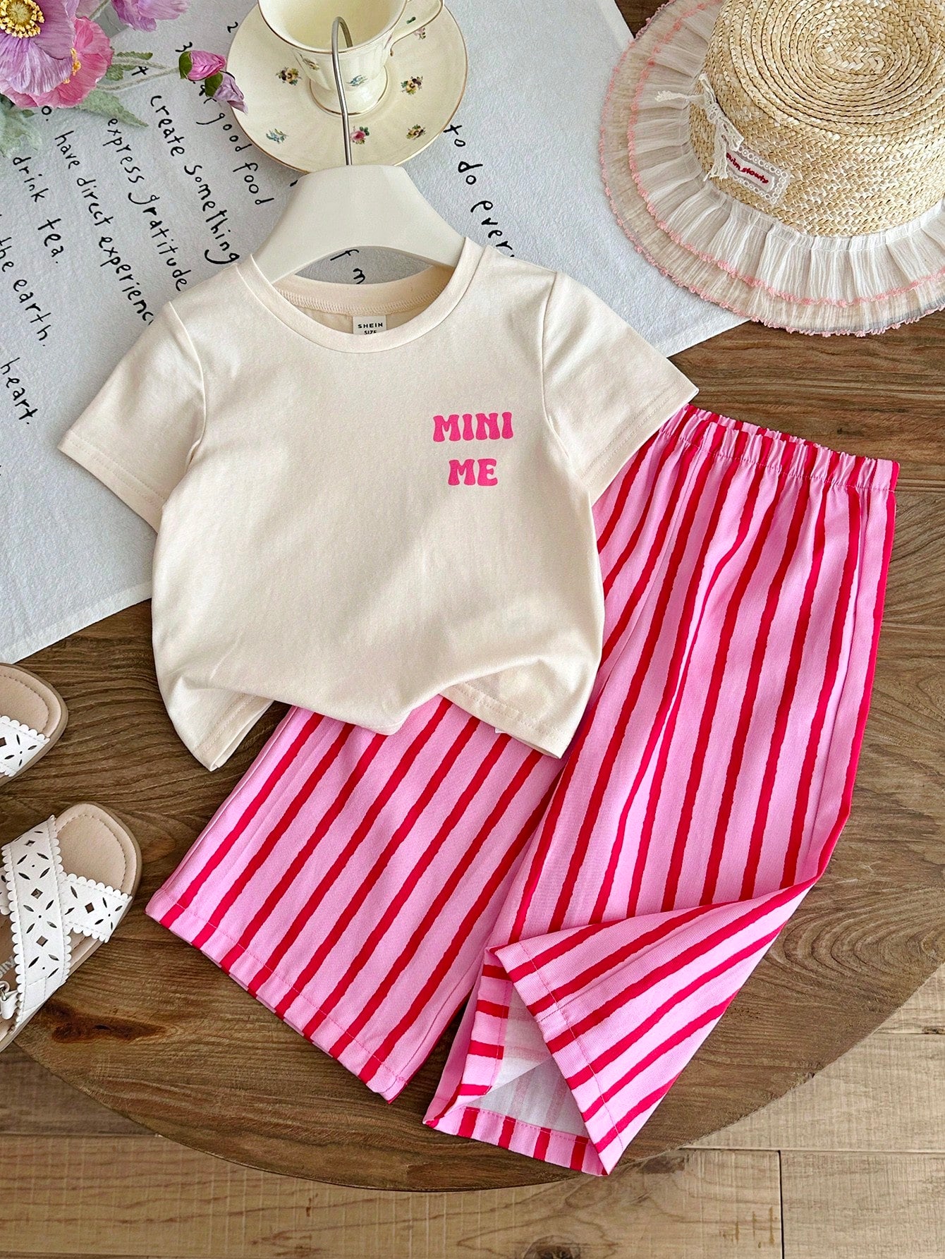 LMoss Kids 2pcs Baby Girl Knitted Solid Color Letter Pattern Loose Casual T-Shirt And Striped Loose Pants Set