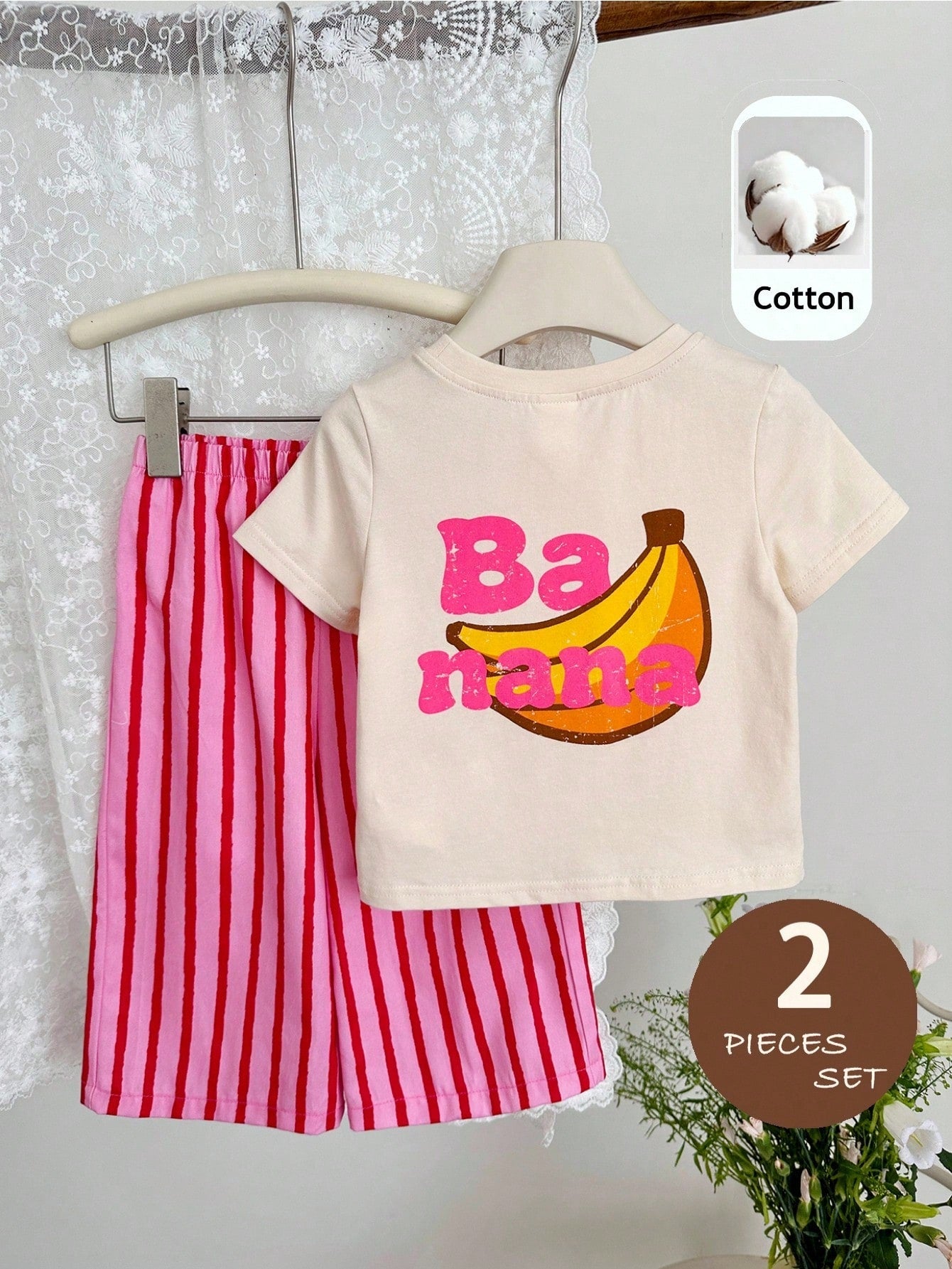 LMoss Kids 2pcs Baby Girl Knitted Solid Color Letter Pattern Loose Casual T-Shirt And Striped Loose Pants Set