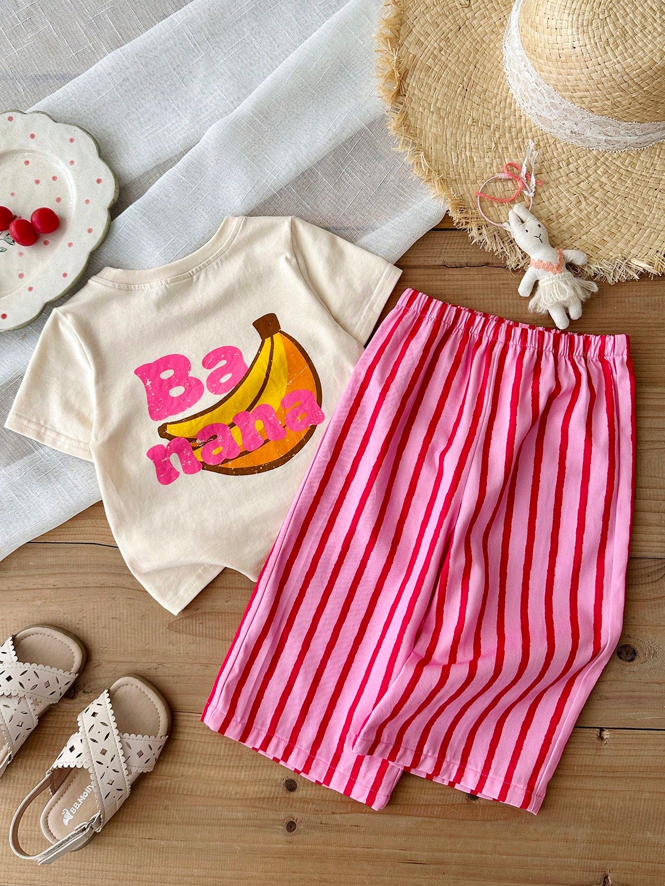 LMoss Kids 2pcs Baby Girl Knitted Solid Color Letter Pattern Loose Casual T-Shirt And Striped Loose Pants Set