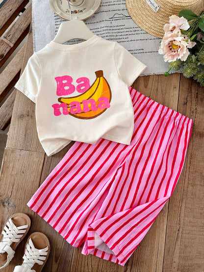 LMoss Kids 2pcs Baby Girl Knitted Solid Color Letter Pattern Loose Casual T-Shirt And Striped Loose Pants Set