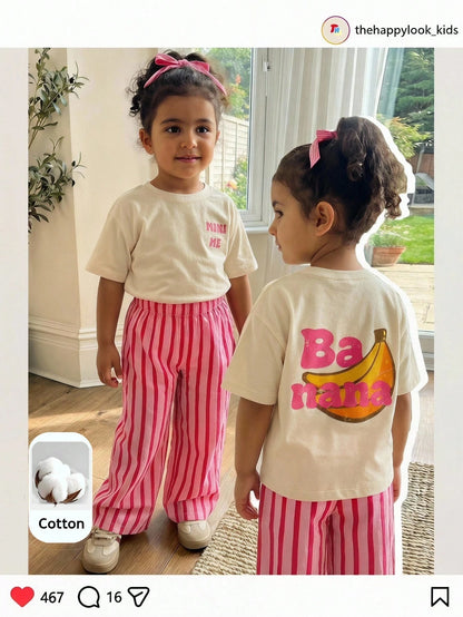 LMoss Kids 2pcs Baby Girl Knitted Solid Color Letter Pattern Loose Casual T-Shirt And Striped Loose Pants Set