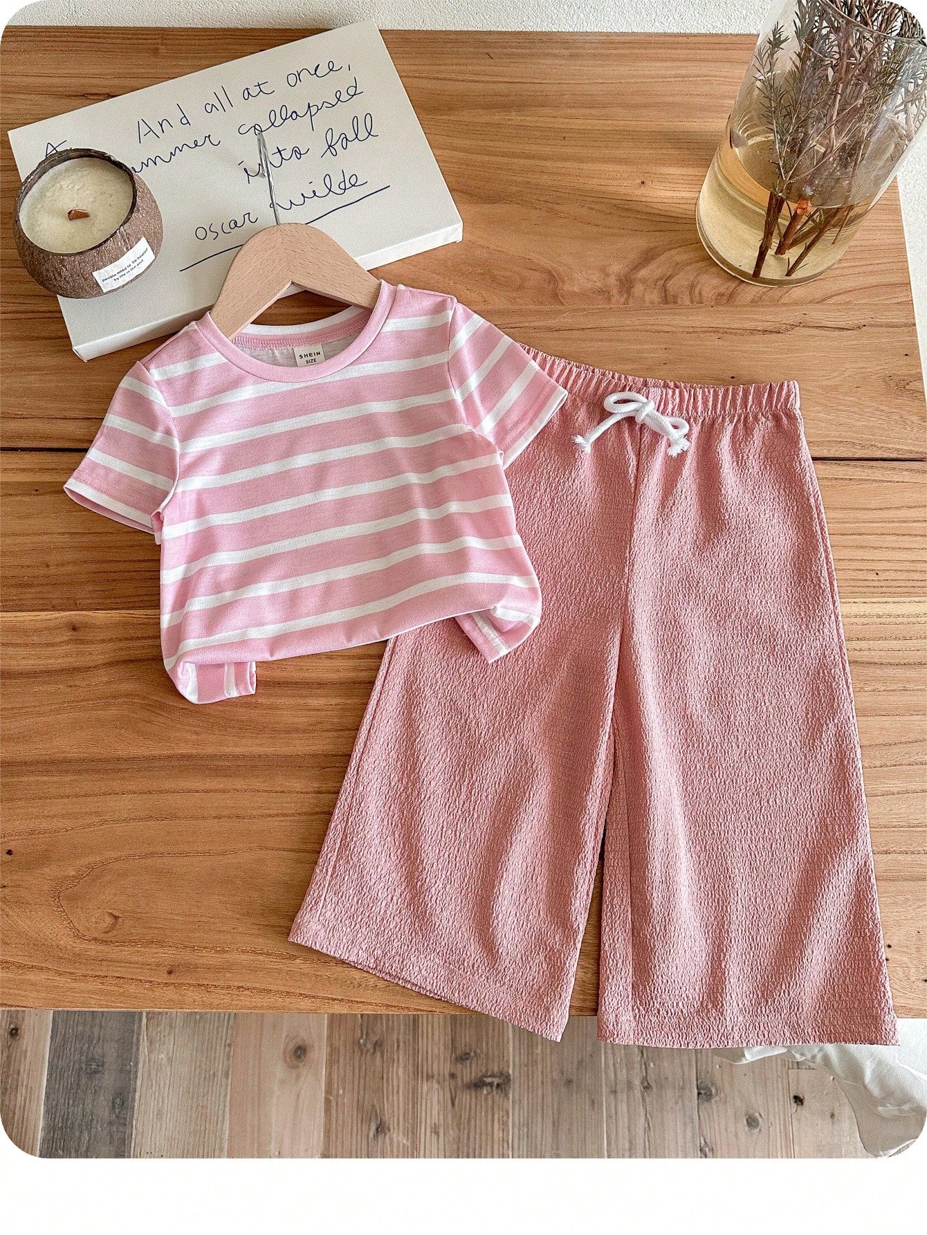 LMoss Kids 2pcs Baby Girl Knitted Solid Color Letter Pattern Loose Casual T-Shirt And Striped Loose Pants Set