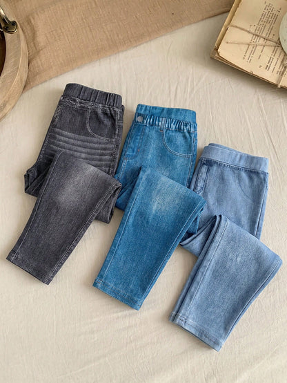 LMoss Kids 3PCS Baby Girls Grey Blue Denim Print Fake Jeans,Autumn Casual School Back-To-School Stretchy Fabric Versatile Comfy Trousers For 0-3 Months Everyday