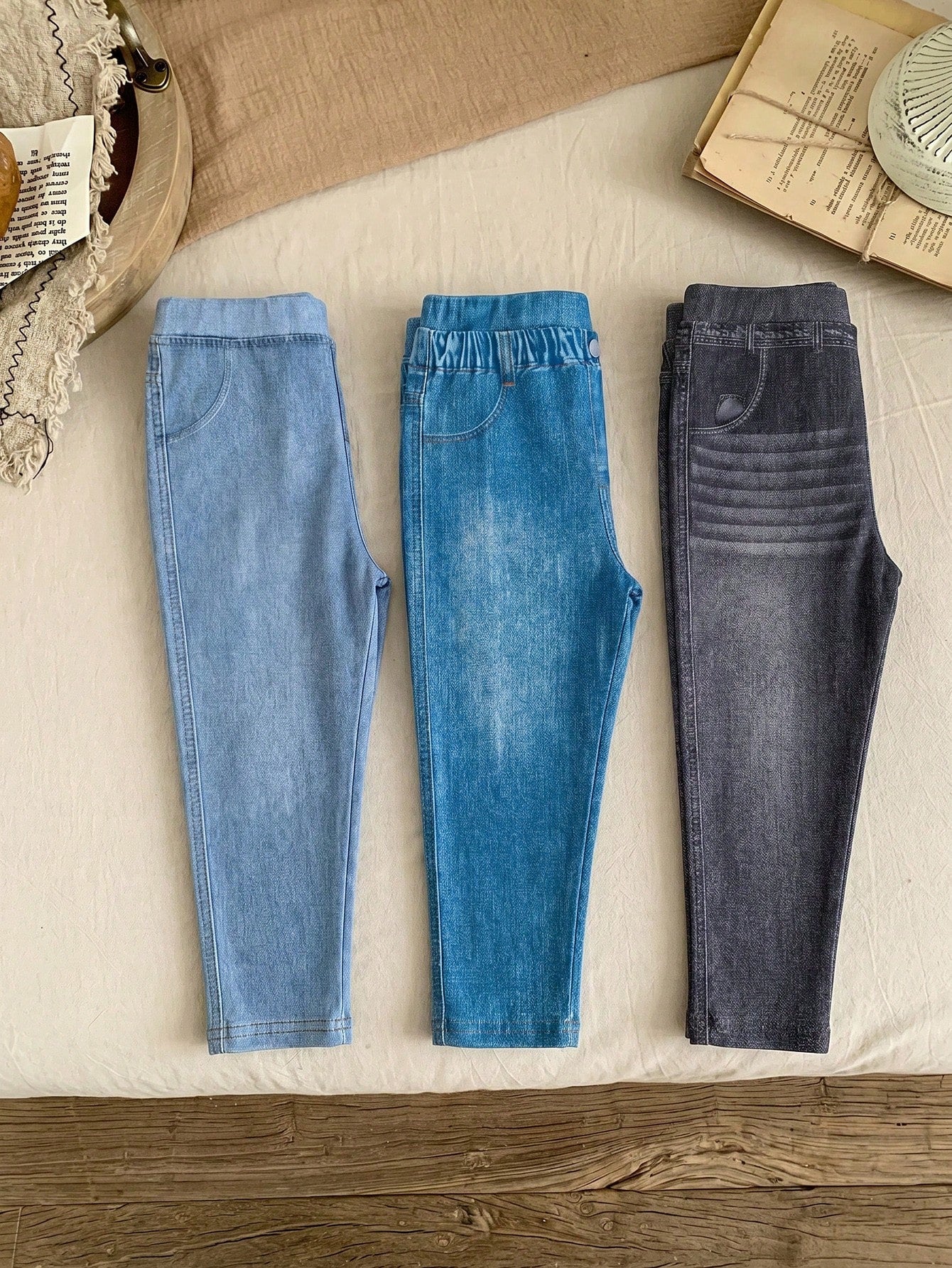 LMoss Kids 3PCS Baby Girls Grey Blue Denim Print Fake Jeans,Autumn Casual School Back-To-School Stretchy Fabric Versatile Comfy Trousers For 0-3 Months Everyday