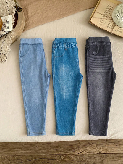 LMoss Kids 3PCS Baby Girls Grey Blue Denim Print Fake Jeans,Autumn Casual School Back-To-School Stretchy Fabric Versatile Comfy Trousers For 0-3 Months Everyday