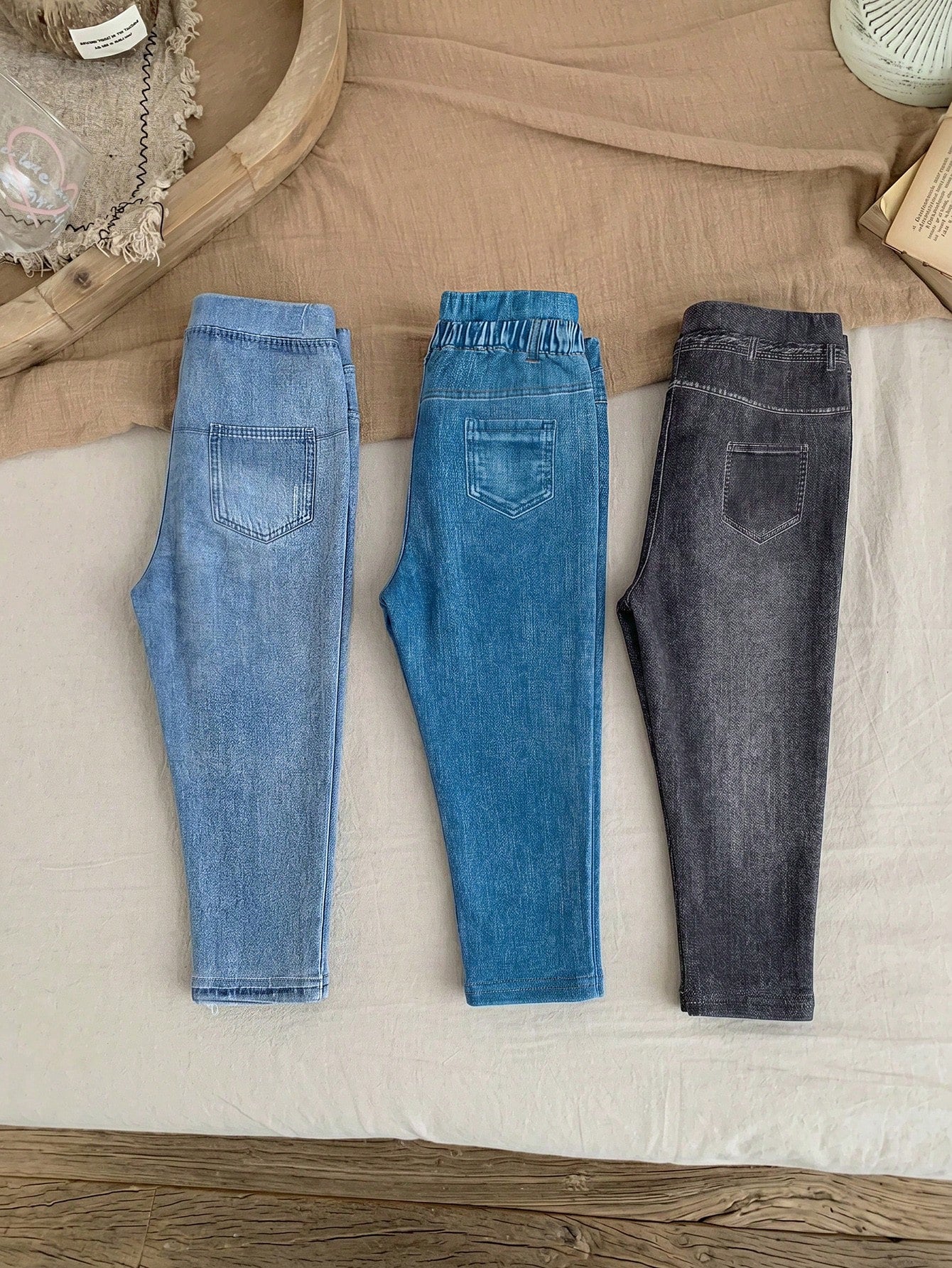 LMoss Kids 3PCS Baby Girls Grey Blue Denim Print Fake Jeans,Autumn Casual School Back-To-School Stretchy Fabric Versatile Comfy Trousers For 0-3 Months Everyday