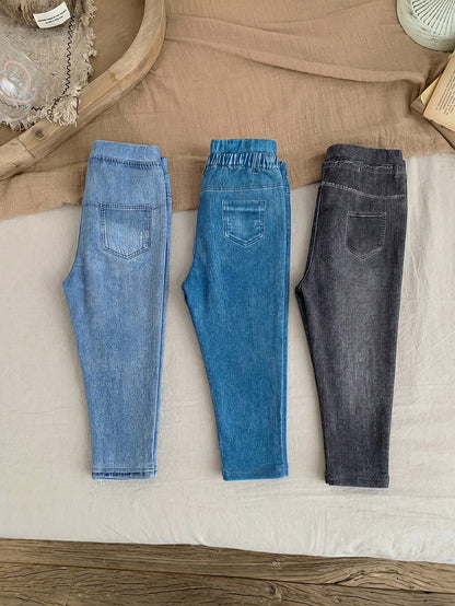 LMoss Kids 3PCS Baby Girls Grey Blue Denim Print Fake Jeans,Autumn Casual School Back-To-School Stretchy Fabric Versatile Comfy Trousers For 0-3 Months Everyday