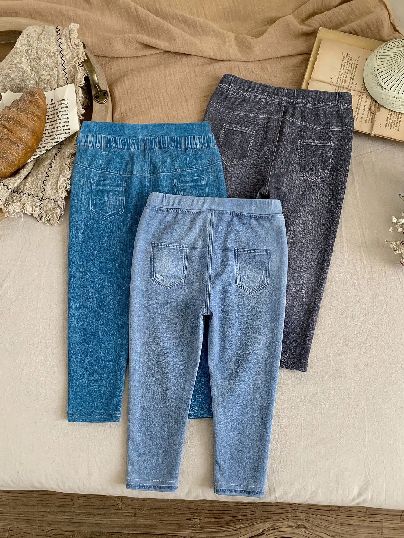 LMoss Kids 3PCS Baby Girls Grey Blue Denim Print Fake Jeans,Autumn Casual School Back-To-School Stretchy Fabric Versatile Comfy Trousers For 0-3 Months Everyday