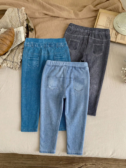 LMoss Kids 3PCS Baby Girls Grey Blue Denim Print Fake Jeans,Autumn Casual School Back-To-School Stretchy Fabric Versatile Comfy Trousers For 0-3 Months Everyday