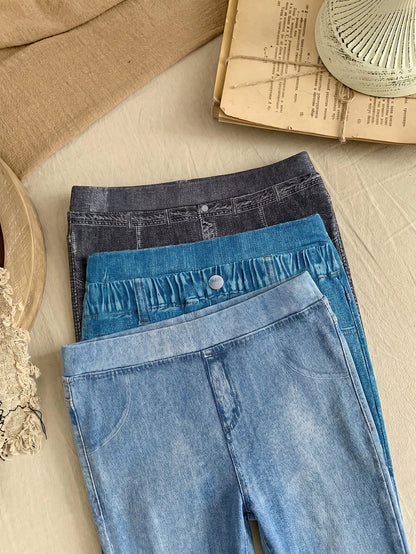 LMoss Kids 3PCS Baby Girls Grey Blue Denim Print Fake Jeans,Autumn Casual School Back-To-School Stretchy Fabric Versatile Comfy Trousers For 0-3 Months Everyday