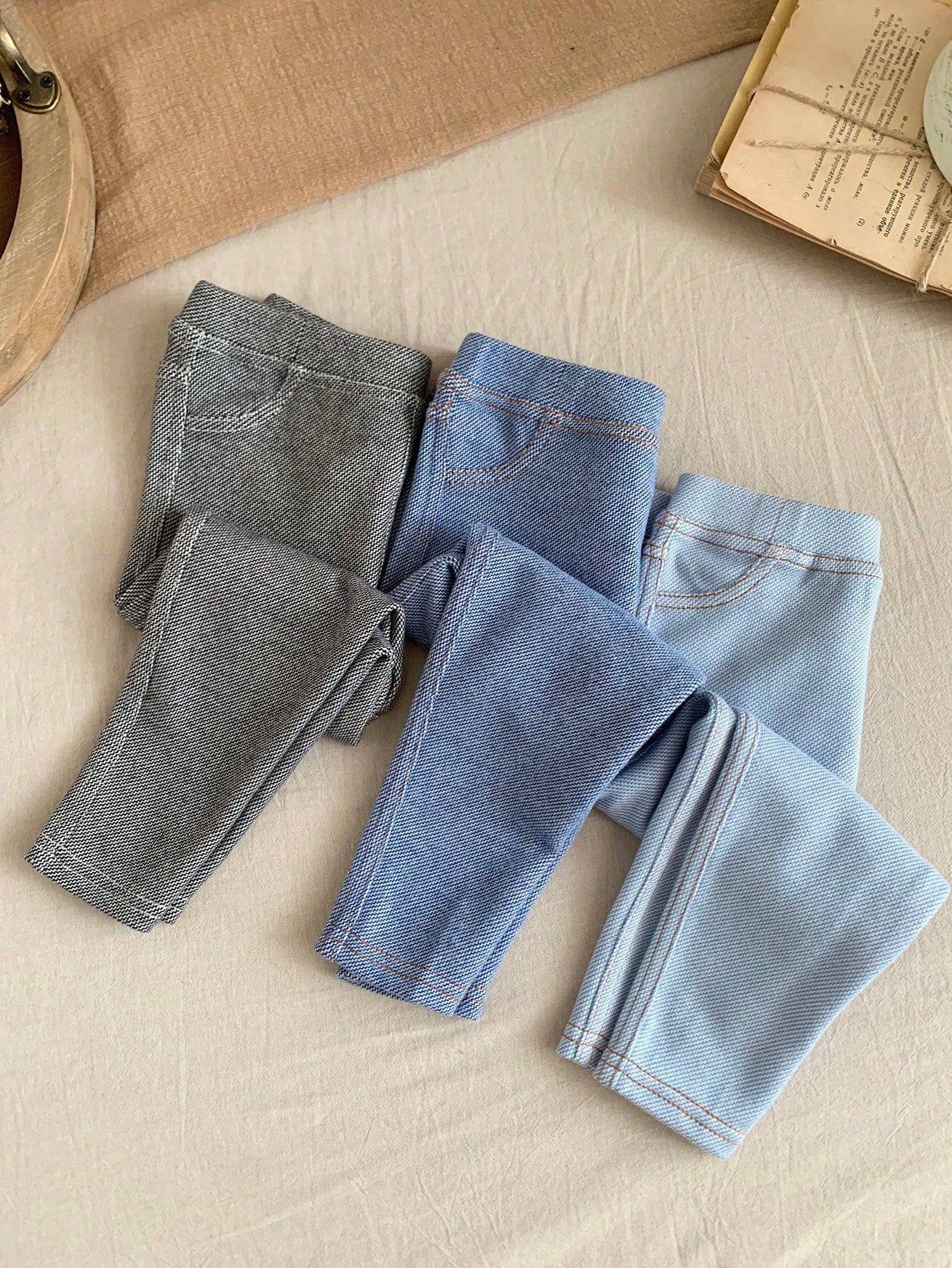 LMoss Kids 3PCS Baby Girls Grey Blue Denim Print Fake Jeans,Autumn Casual School Back-To-School Stretchy Fabric Versatile Comfy Trousers For 0-3 Months Everyday
