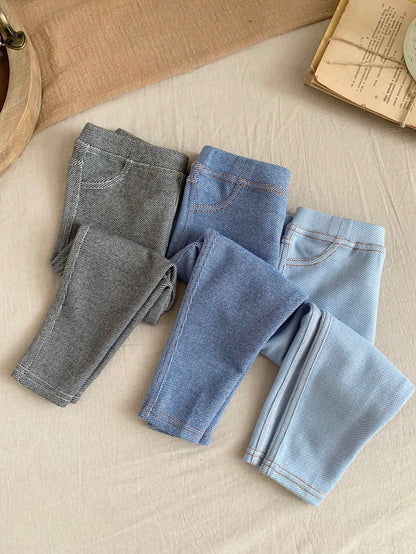 LMoss Kids 3PCS Baby Girls Grey Blue Denim Print Fake Jeans,Autumn Casual School Back-To-School Stretchy Fabric Versatile Comfy Trousers For 0-3 Months Everyday