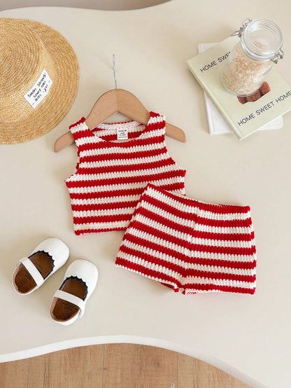LMoss Kids Baby Girl Casual Summer Cute Striped Tank Top And Elastic Waist Shorts Set