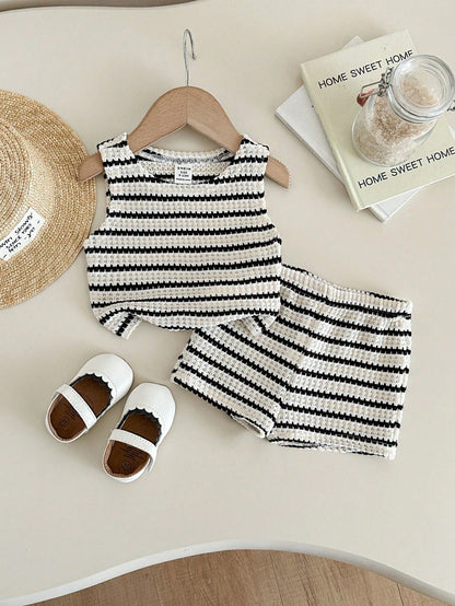 LMoss Kids Baby Girl Casual Summer Cute Striped Tank Top And Elastic Waist Shorts Set