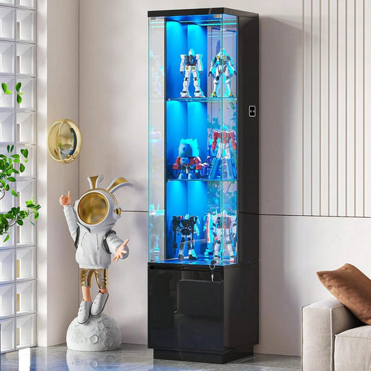 Lockable Curio Display Cabinet With Glass Door,65" Lighted Curio Cabinet With 3 Color Lights For Collectibles,3-Tier Glass Display Case With Human Body Sensor For Living Room