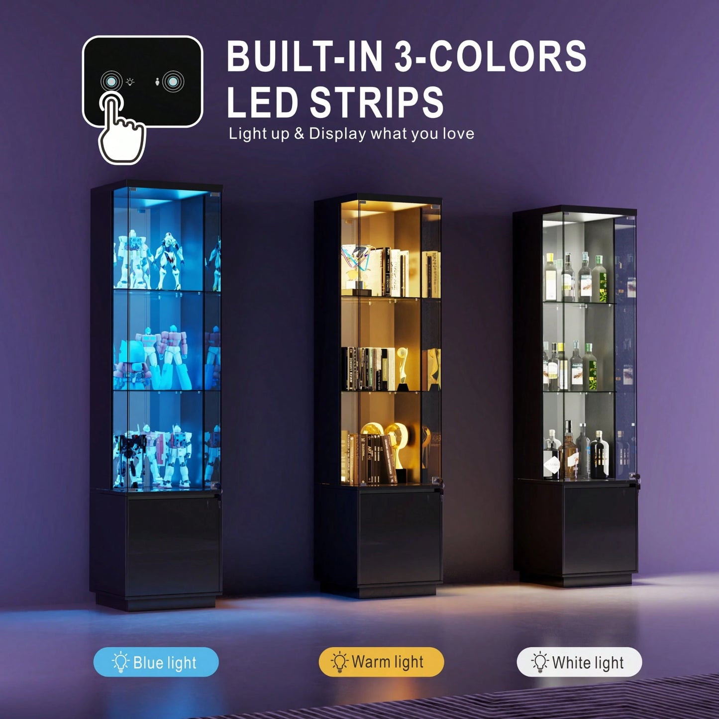 Lockable Curio Display Cabinet With Glass Door,65" Lighted Curio Cabinet With 3 Color Lights For Collectibles,3-Tier Glass Display Case With Human Body Sensor For Living Room