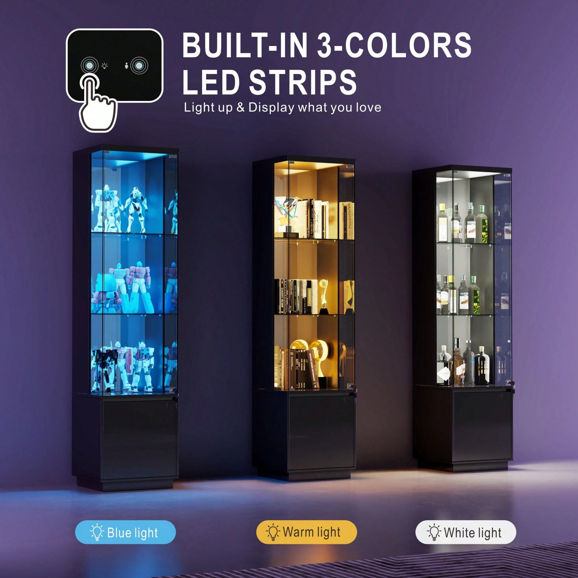 Lockable Curio Display Cabinet With Glass Door,65" Lighted Curio Cabinet With 3 Color Lights For Collectibles,3-Tier Glass Display Case With Human Body Sensor For Living Room
