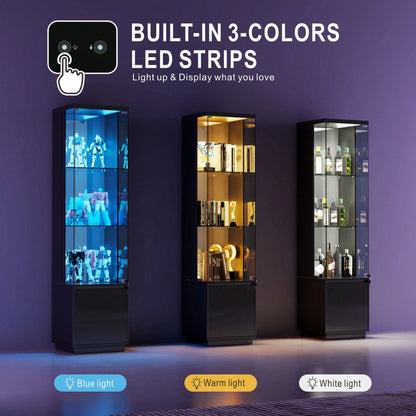 Lockable Curio Display Cabinet With Glass Door,65" Lighted Curio Cabinet With 3 Color Lights For Collectibles,3-Tier Glass Display Case With Human Body Sensor For Living Room