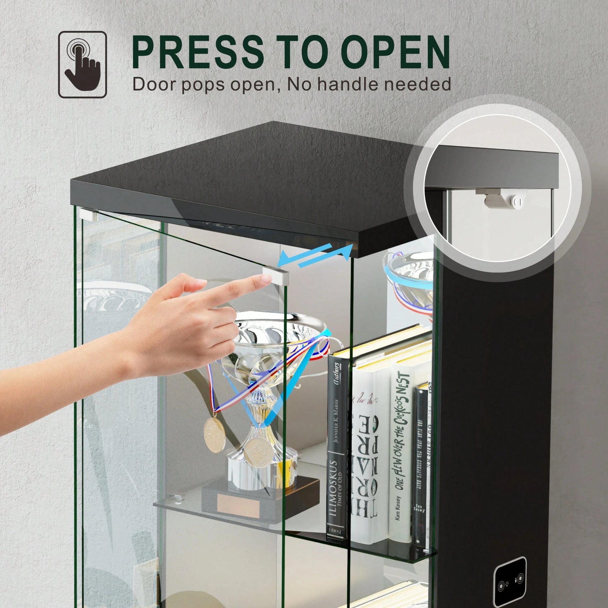 Lockable Curio Display Cabinet With Glass Door,65" Lighted Curio Cabinet With 3 Color Lights For Collectibles,3-Tier Glass Display Case With Human Body Sensor For Living Room