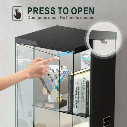 Lockable Curio Display Cabinet With Glass Door,65" Lighted Curio Cabinet With 3 Color Lights For Collectibles,3-Tier Glass Display Case With Human Body Sensor For Living Room