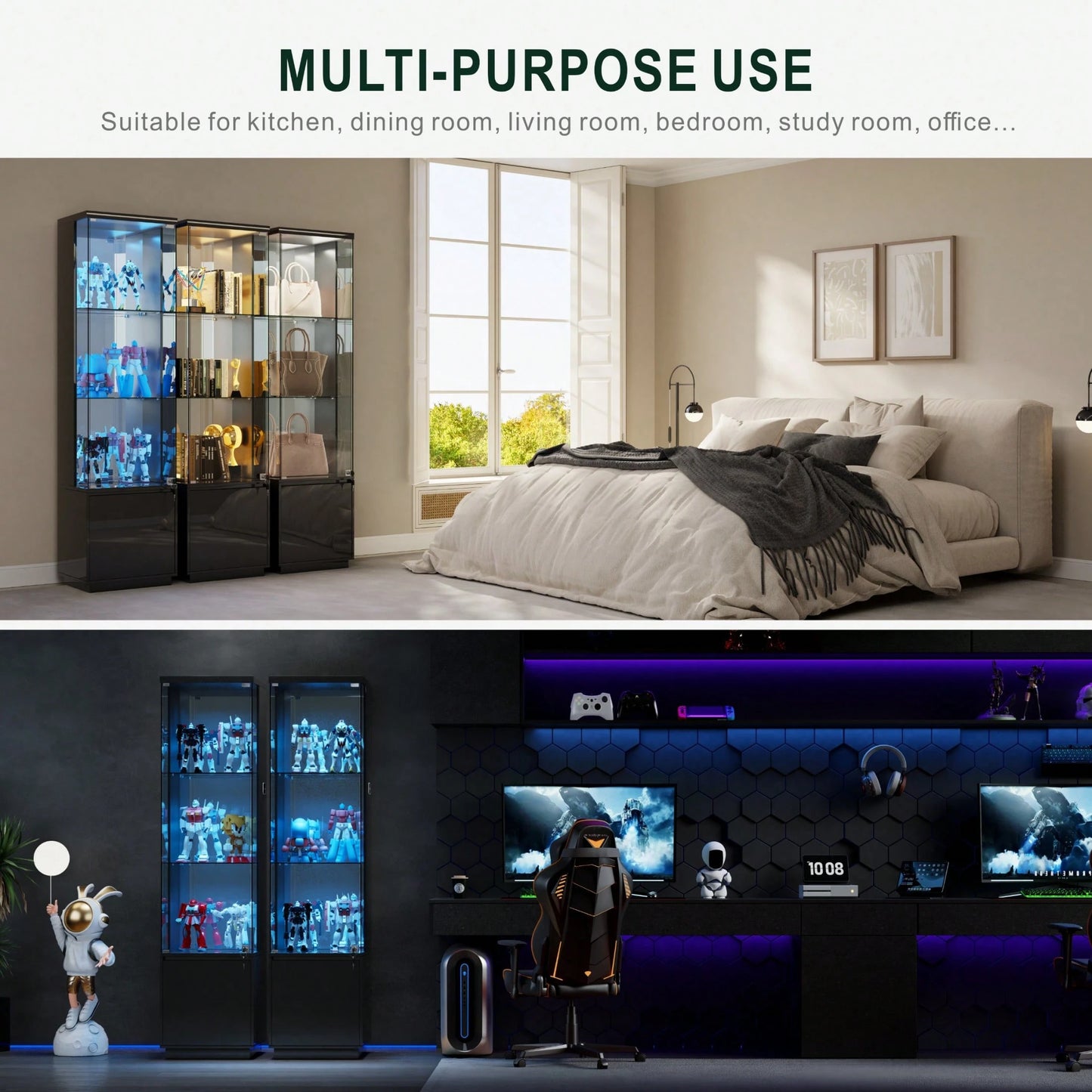 Lockable Curio Display Cabinet With Glass Door,65" Lighted Curio Cabinet With 3 Color Lights For Collectibles,3-Tier Glass Display Case With Human Body Sensor For Living Room