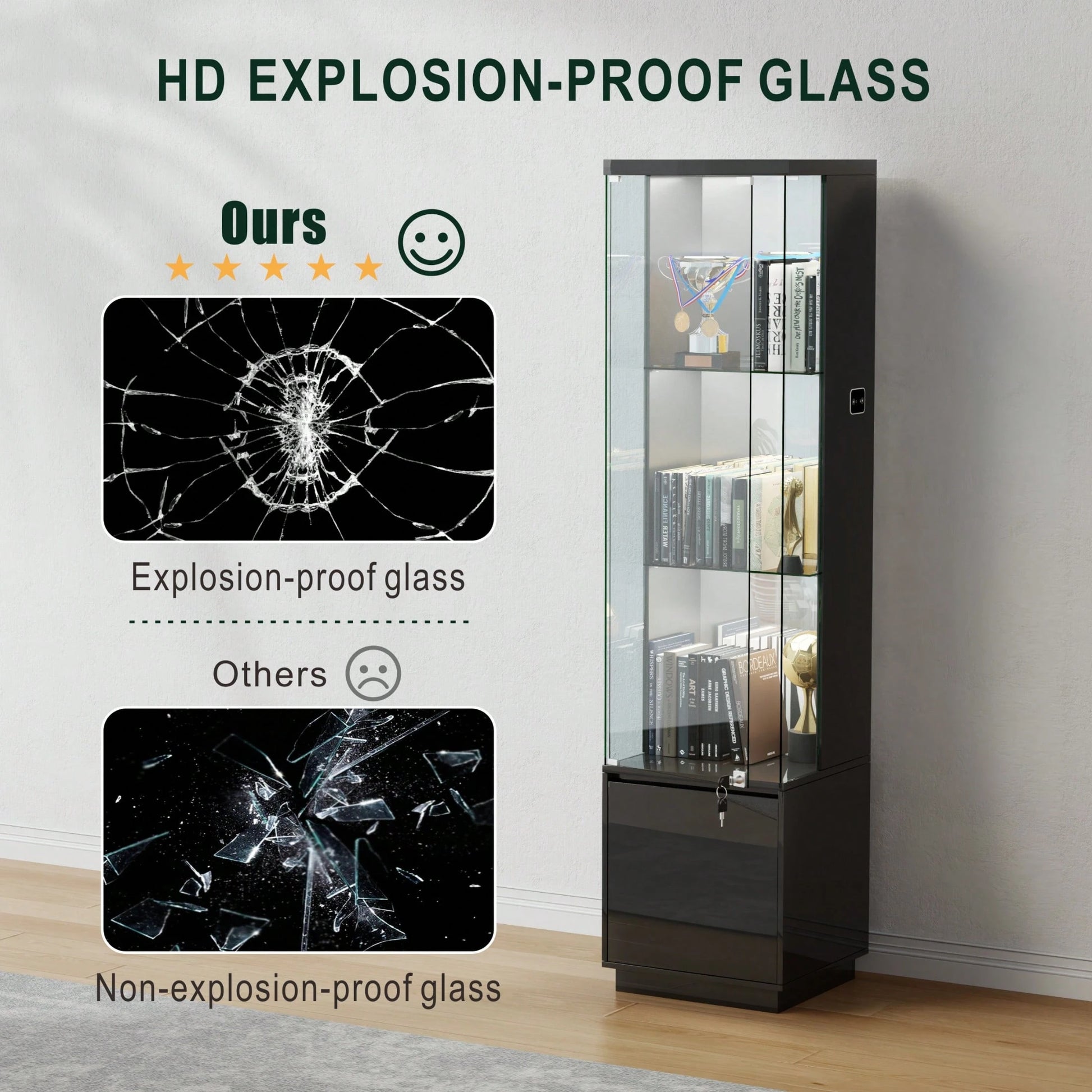 Lockable Curio Display Cabinet With Glass Door,65" Lighted Curio Cabinet With 3 Color Lights For Collectibles,3-Tier Glass Display Case With Human Body Sensor For Living Room