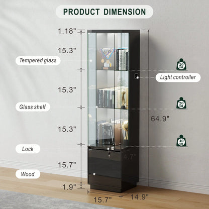 Lockable Curio Display Cabinet With Glass Door,65" Lighted Curio Cabinet With 3 Color Lights For Collectibles,3-Tier Glass Display Case With Human Body Sensor For Living Room