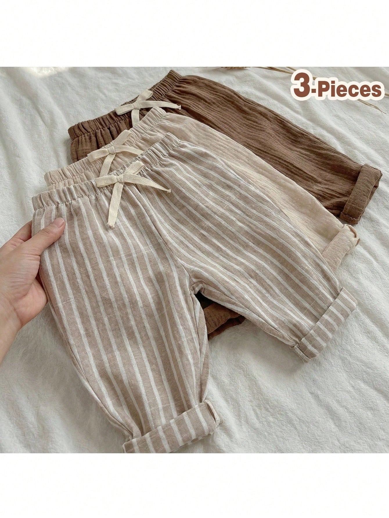 Loomiva 3pcs Baby Boys/Girls Elastic Waist Pants Set With Decorative Ribbon, Versatile & Comfortable For Outings, Street Style, Home, Party