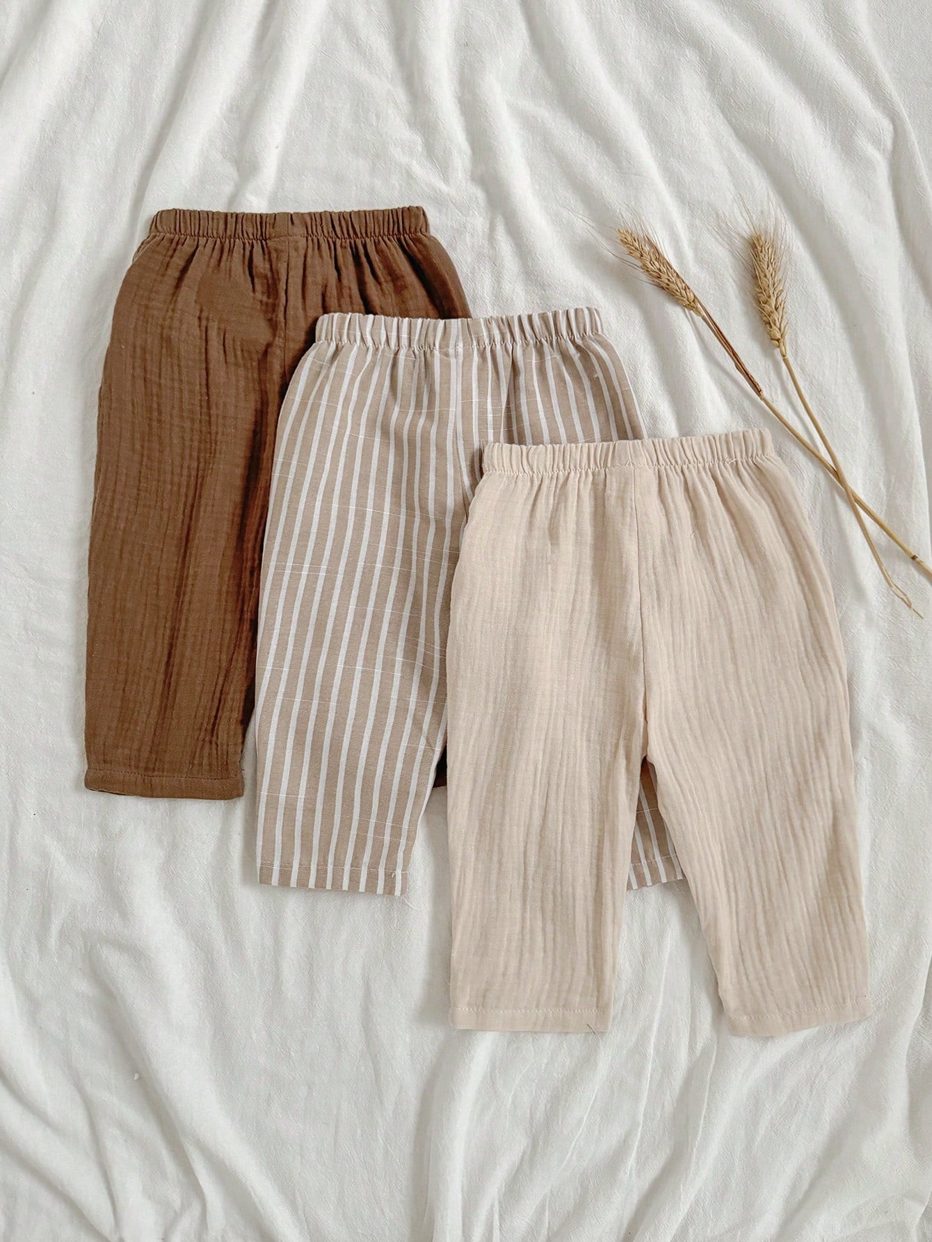 Loomiva 3pcs Baby Boys/Girls Elastic Waist Pants Set With Decorative Ribbon, Versatile & Comfortable For Outings, Street Style, Home, Party