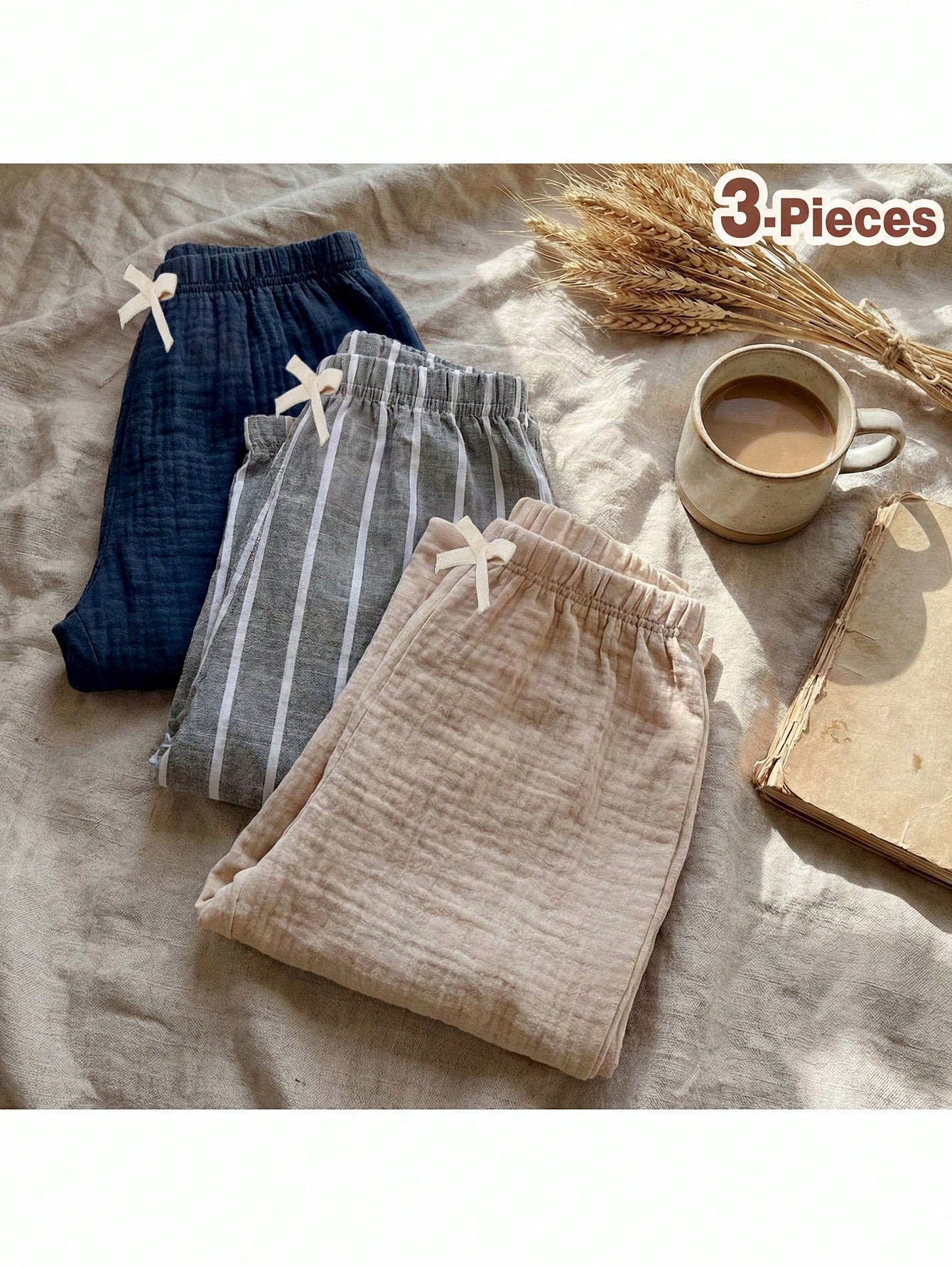 Loomiva 3pcs Baby Boys/Girls Elastic Waist Pants Set With Decorative Ribbon, Versatile & Comfortable For Outings, Street Style, Home, Party
