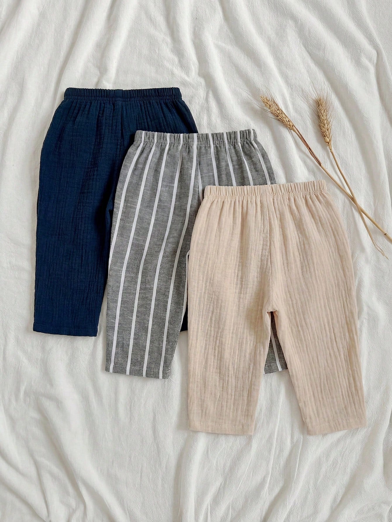 Loomiva 3pcs Baby Boys/Girls Elastic Waist Pants Set With Decorative Ribbon, Versatile & Comfortable For Outings, Street Style, Home, Party