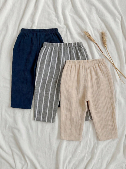 Loomiva 3pcs Baby Boys/Girls Elastic Waist Pants Set With Decorative Ribbon, Versatile & Comfortable For Outings, Street Style, Home, Party