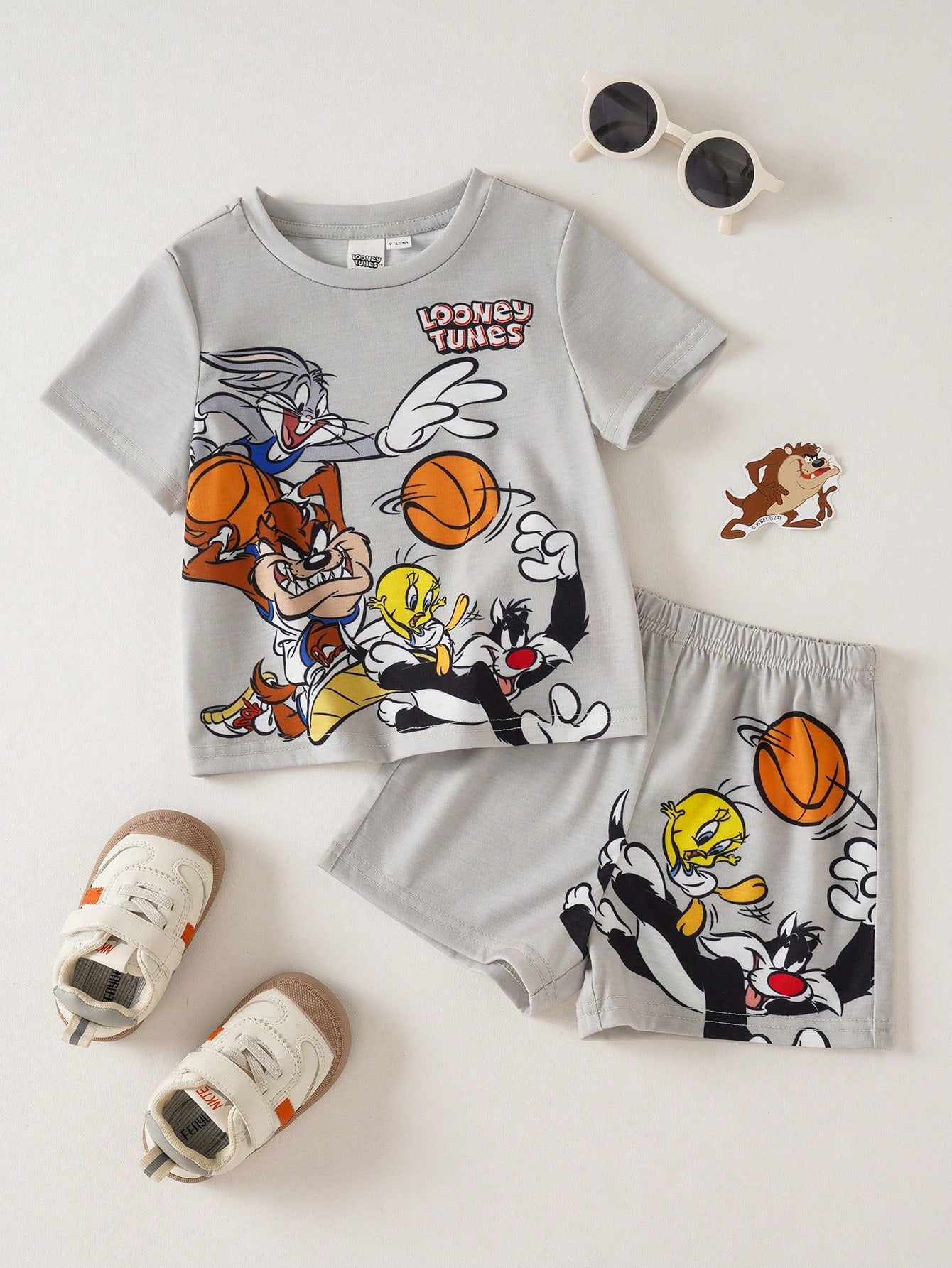 LOONEY TUNES X Baby Boy Casual Outfit: Crew Neck Cartoon Letter Print Short Sleeve T-Shirt And Shorts Set