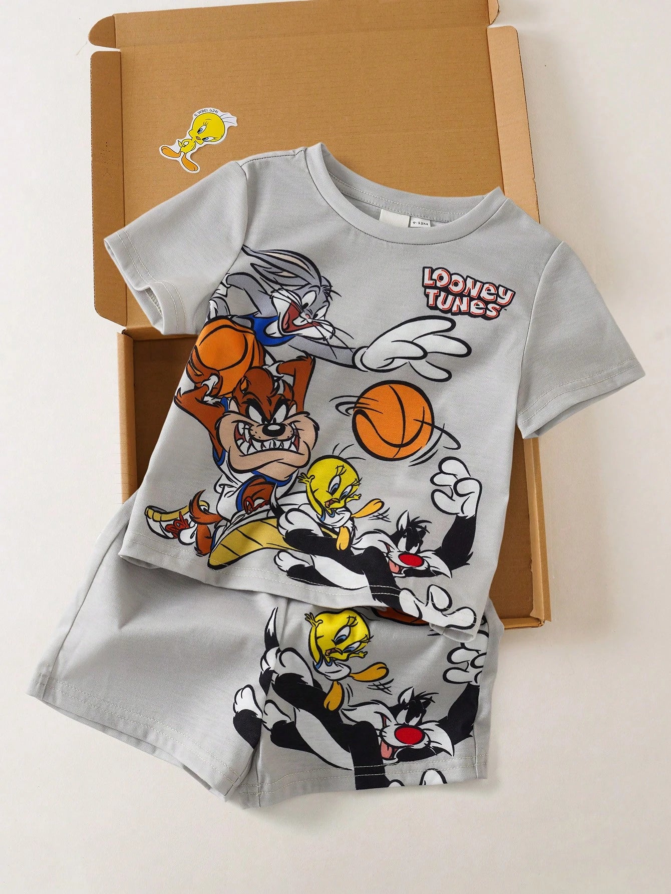 LOONEY TUNES X Baby Boy Casual Outfit: Crew Neck Cartoon Letter Print Short Sleeve T-Shirt And Shorts Set