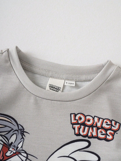 LOONEY TUNES X Baby Boy Casual Outfit: Crew Neck Cartoon Letter Print Short Sleeve T-Shirt And Shorts Set
