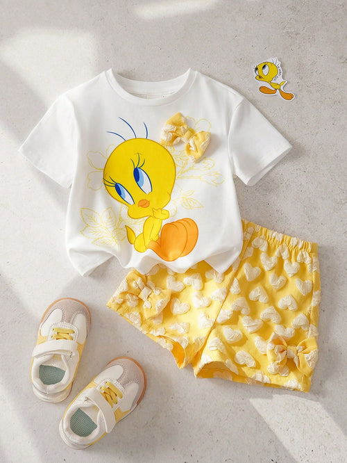 LOONEY TUNES X Baby Girl Cartoon Print Round Neck Short Sleeve T-Shirt And Heart Print Shorts Set