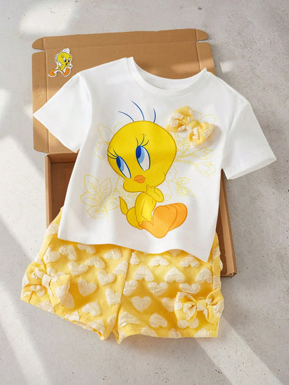 LOONEY TUNES X Baby Girl Cartoon Print Round Neck Short Sleeve T-Shirt And Heart Print Shorts Set