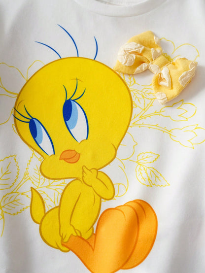 LOONEY TUNES X Baby Girl Cartoon Print Round Neck Short Sleeve T-Shirt And Heart Print Shorts Set