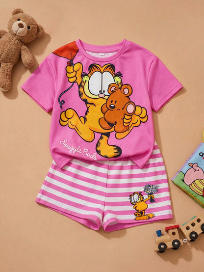 LOONEY TUNES X Baby Girl Cartoon Print Round Neck Short Sleeve T-Shirt And Heart Print Shorts Set