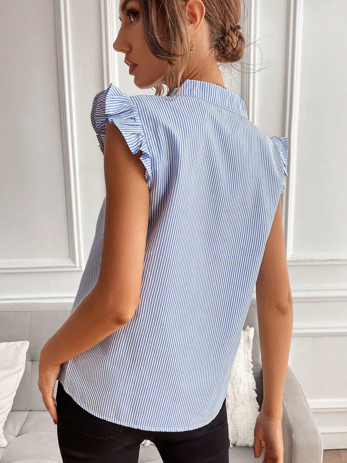 Louniche Striped Ruffle Cap Sleeve Blouse
