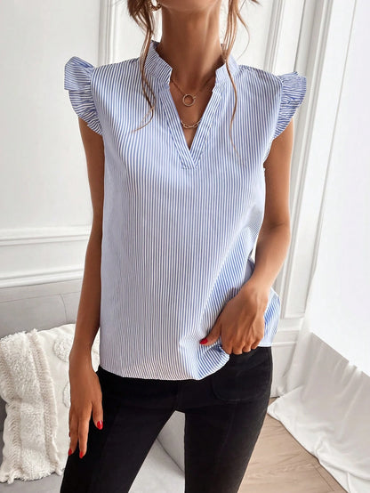 Louniche Striped Ruffle Cap Sleeve Blouse