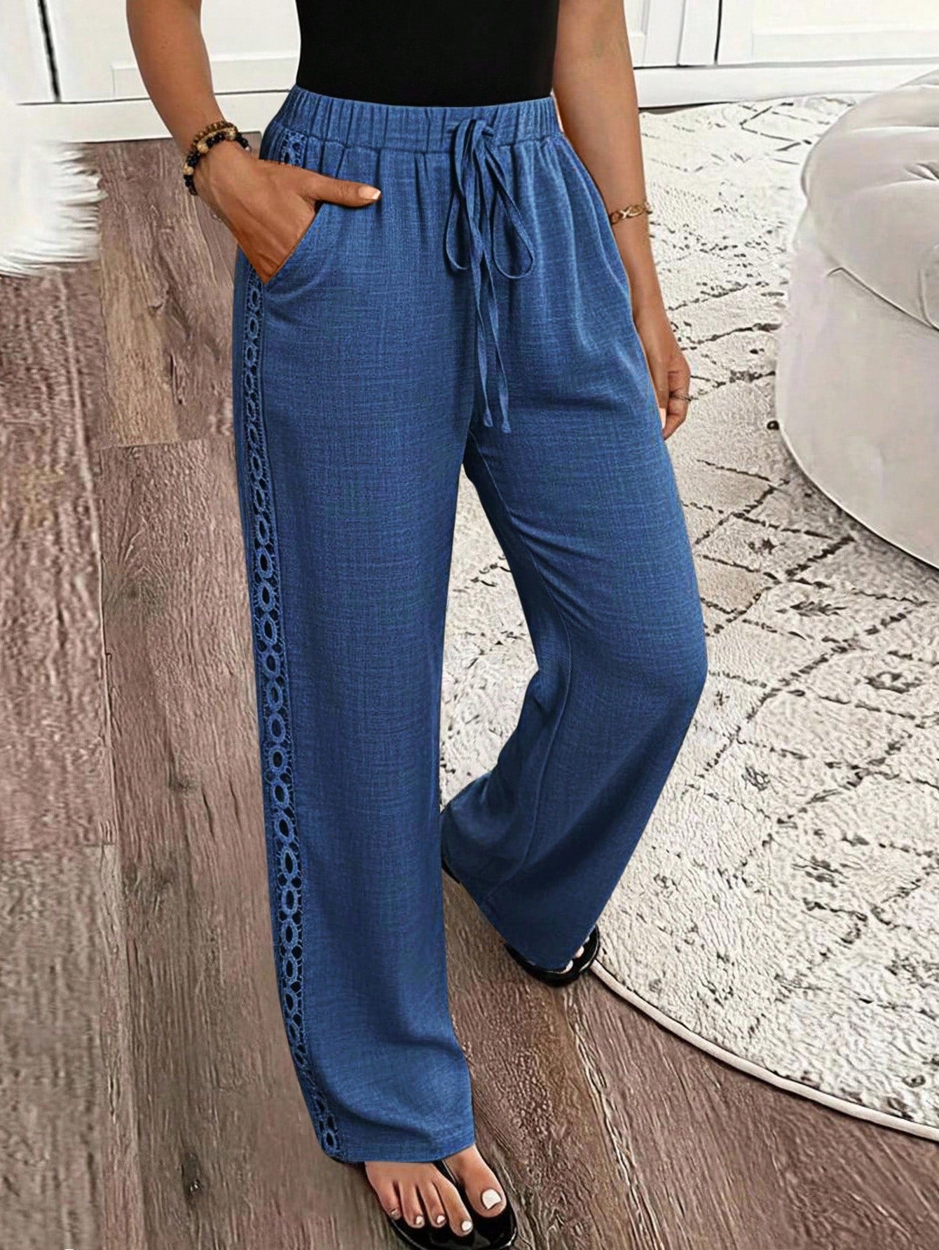 Louniche Women's Casual Solid Color Denim Effect Linen Contrast Lace Trim Straight Pants Fall Cloth For Women