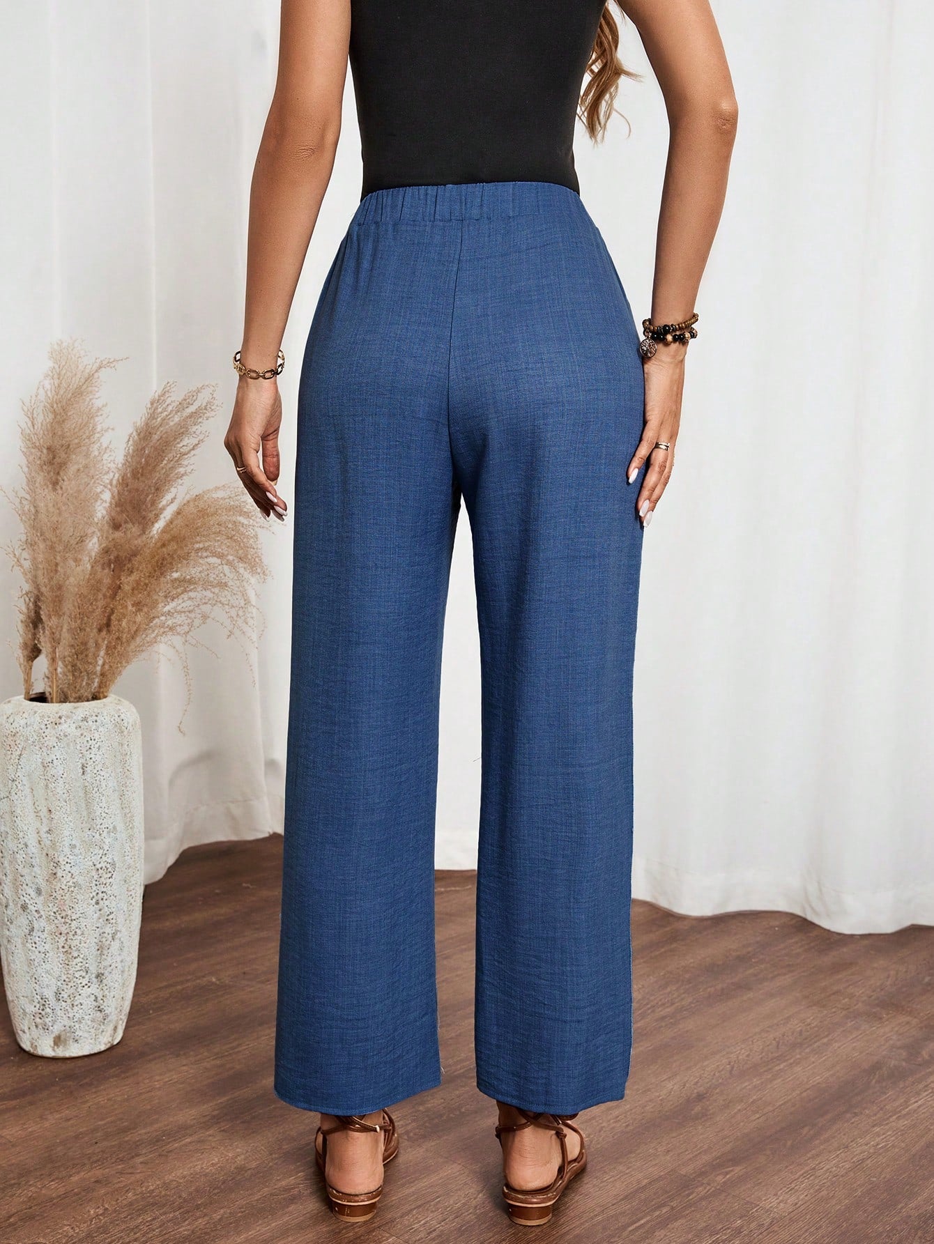 Louniche Women's Casual Solid Color Denim Effect Linen Contrast Lace Trim Straight Pants Fall Cloth For Women