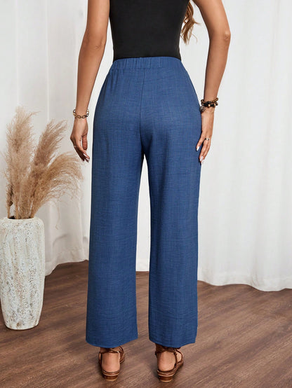 Louniche Women's Casual Solid Color Denim Effect Linen Contrast Lace Trim Straight Pants Fall Cloth For Women